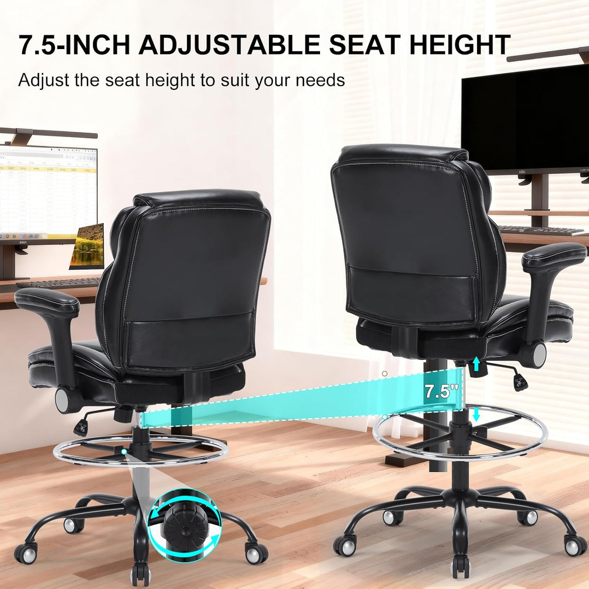 Drafting Chair, Tall Office Chair with Adjustable Armrests Mid-Back Standing ...