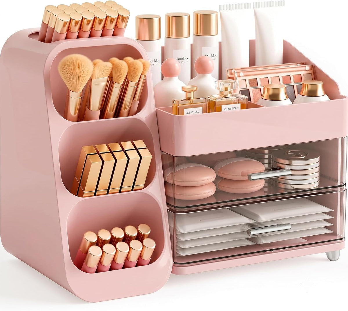 Booklov Large Makeup Organizer for Vanity Countertop, Pink