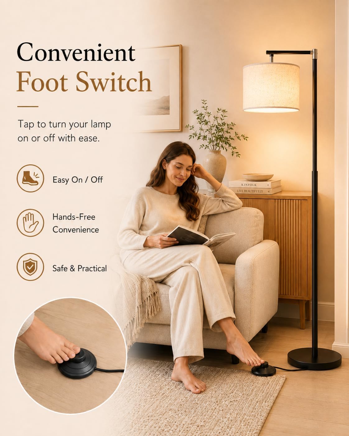 GERGO Modern Arc Floor Lamp for Living Room, Adjustable Linen Shade, Black