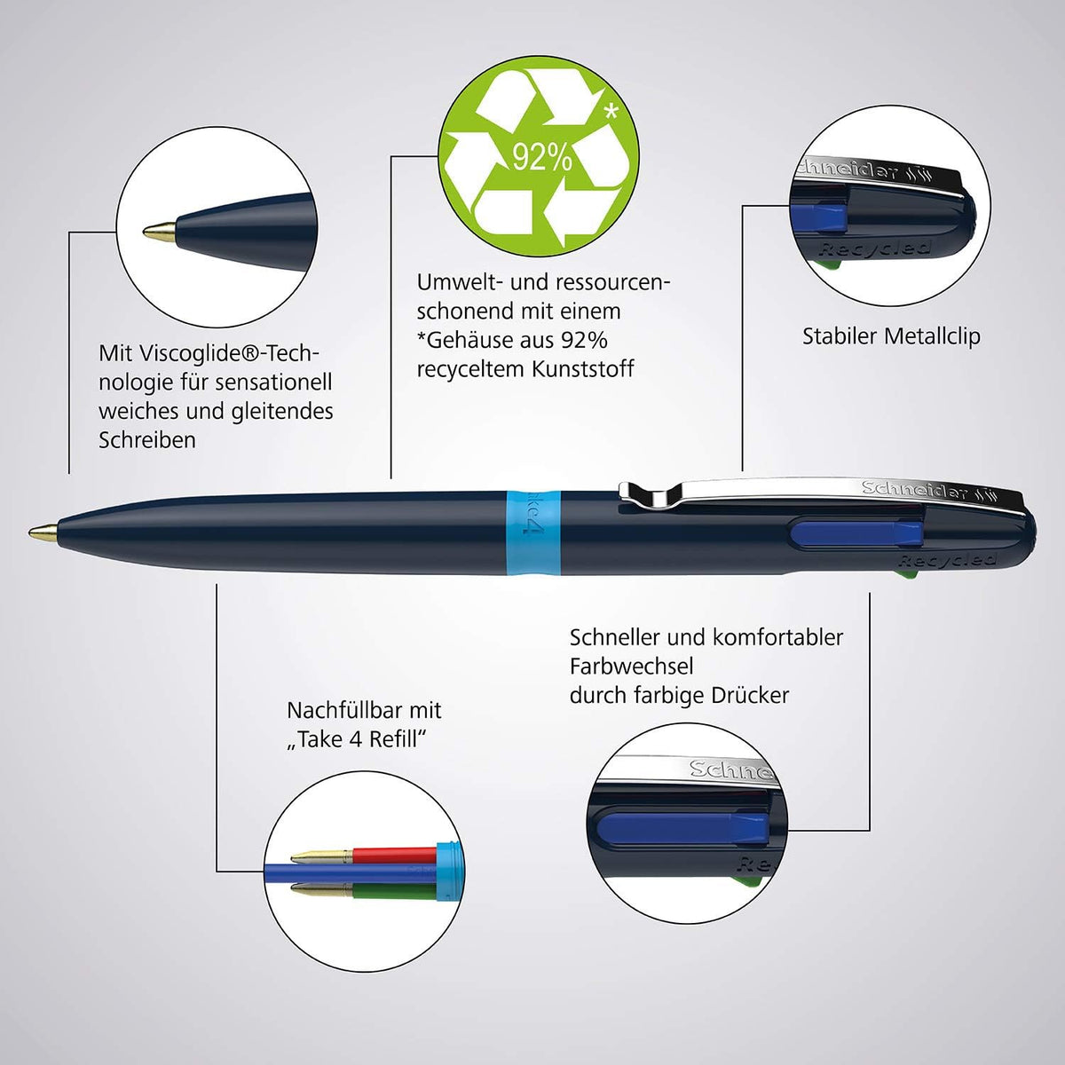 Schneider Take 4 Ballpoint Pen M (Medium), Refillable + Retractable, Dark Blu...