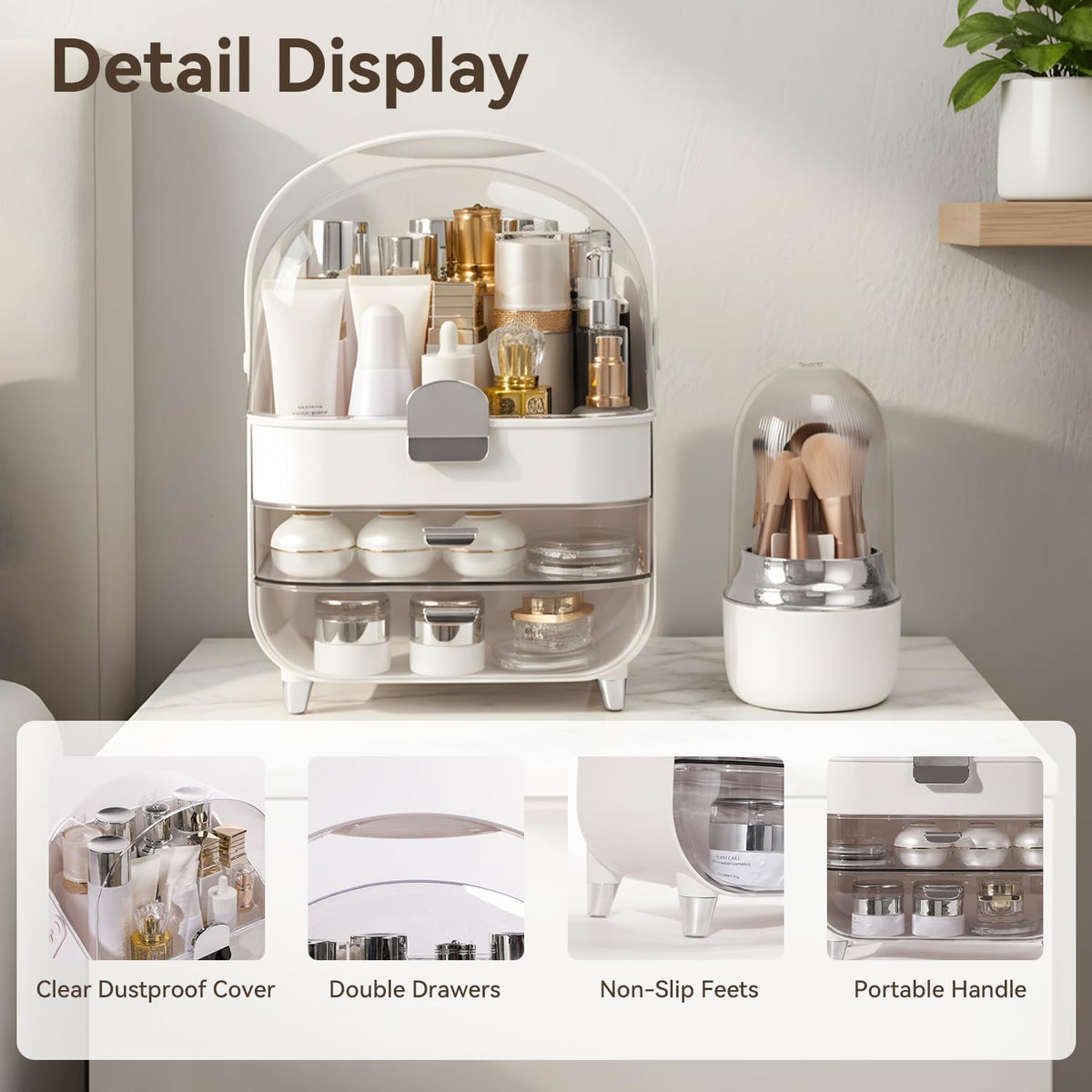 Makeup Organizer for Vanity with Brush Holder, Lid and 2 Drawers, Sliver