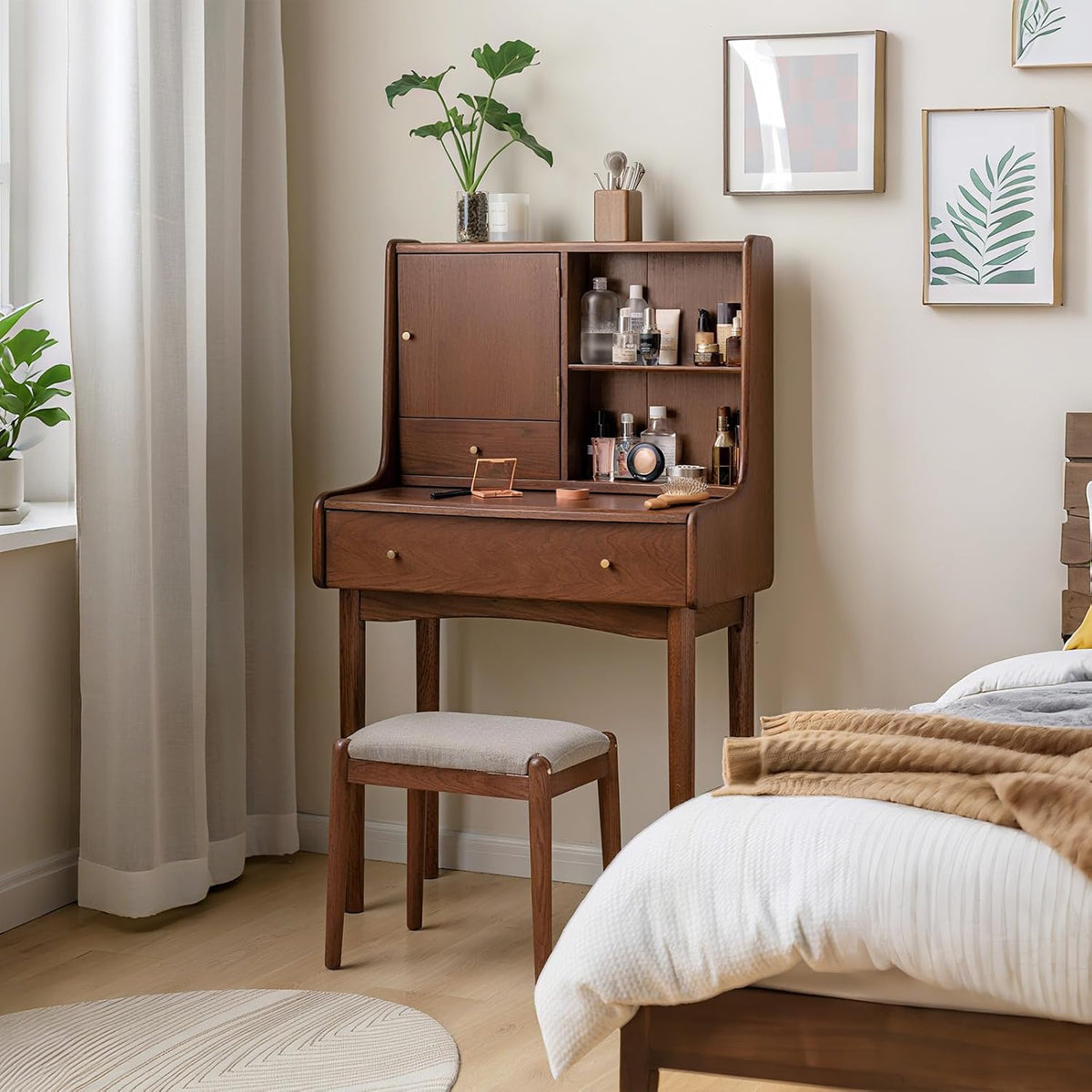 Small Vanity Desk with Mirror, Solid Wood Dressing Table, Movable Drawer Divi...