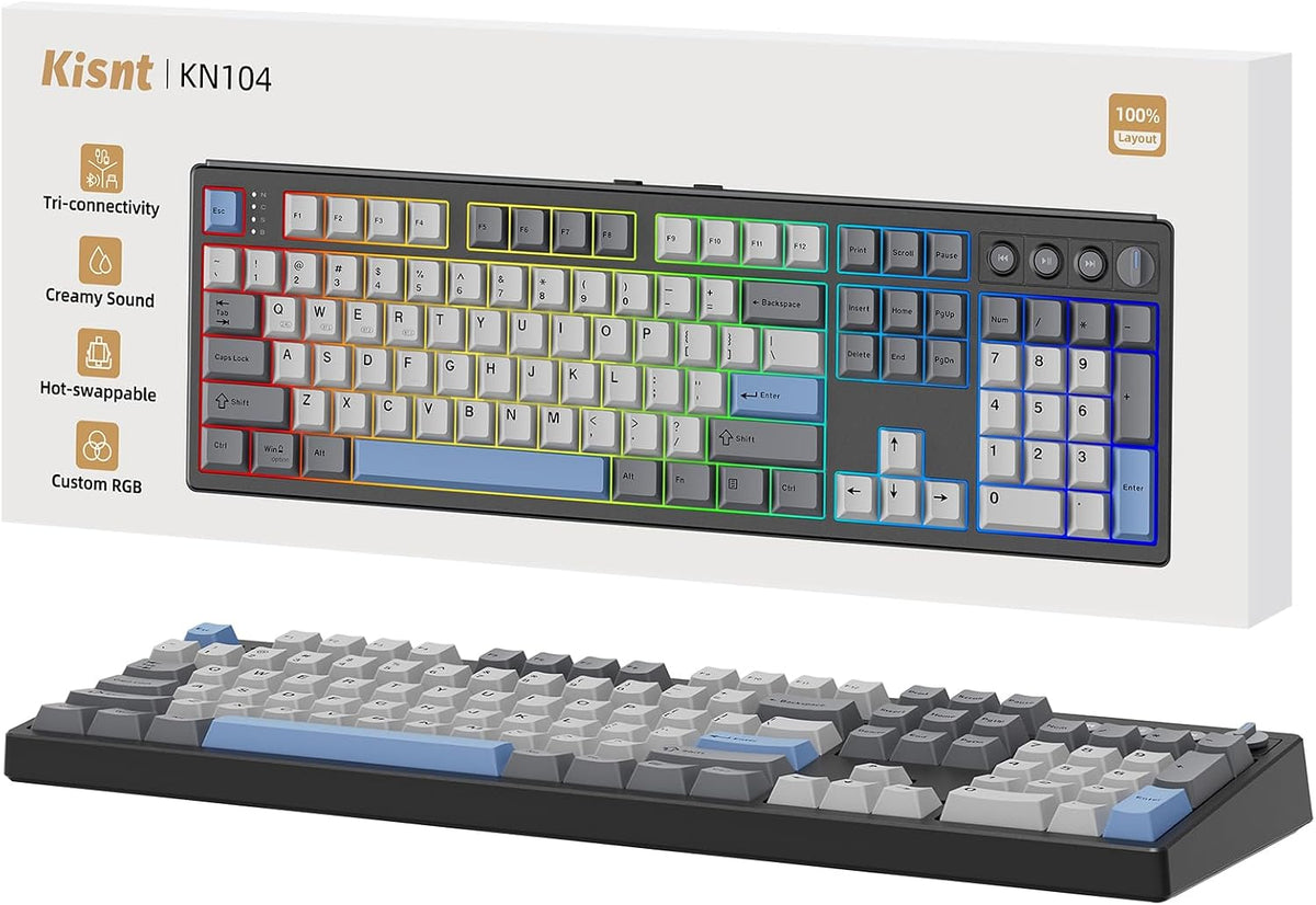 Kisnt KN104 Wireless Mechanical Keyboard, 100% Full Size with Knob, Bluetooth...