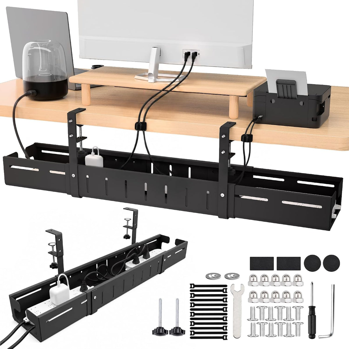 Under Desk Cable Management Tray-No Drill Clamp Moun,Expandable 25.2"–38...