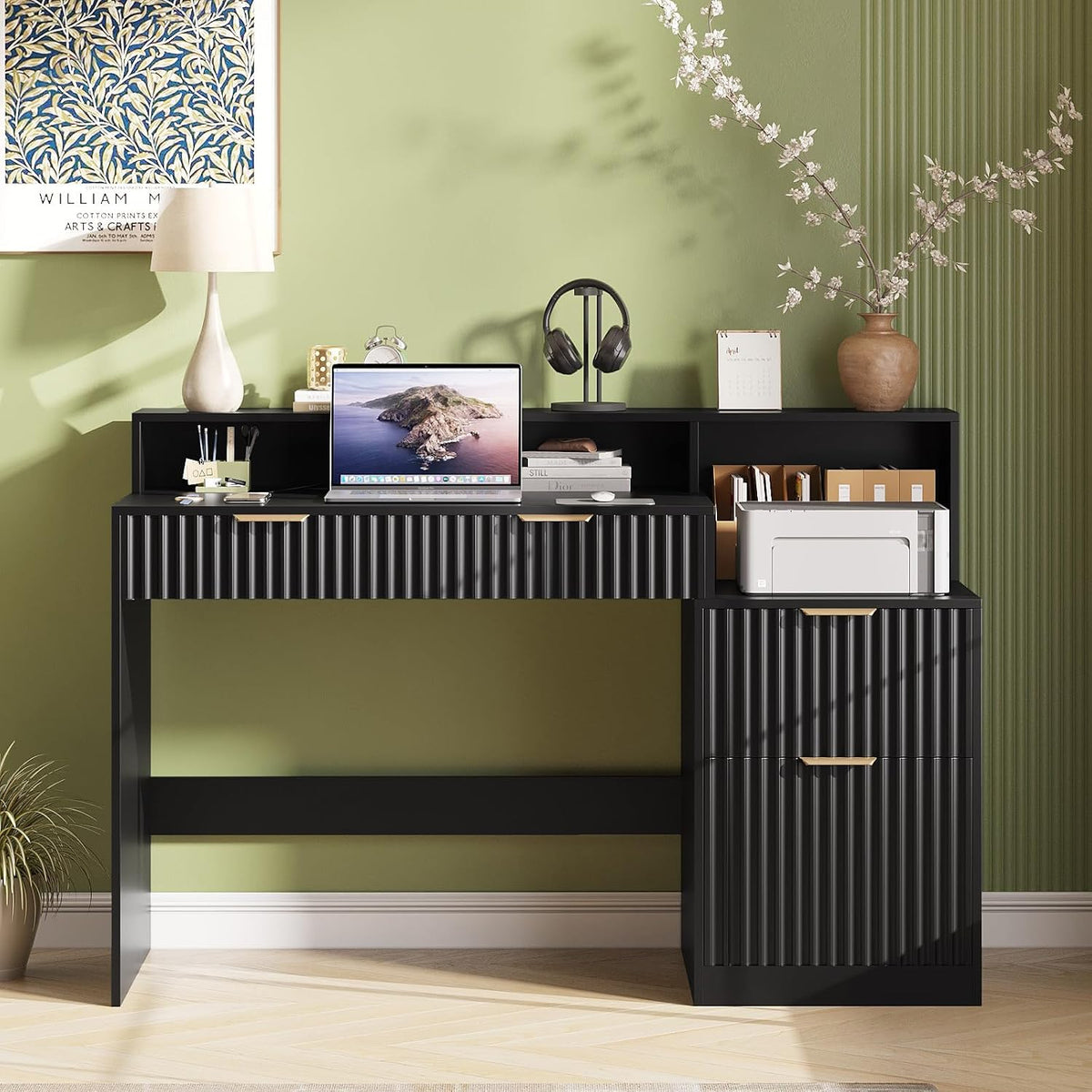 Vabches Fluted Computer Desk with Power Outlets, Home Office Desk with Drawer...