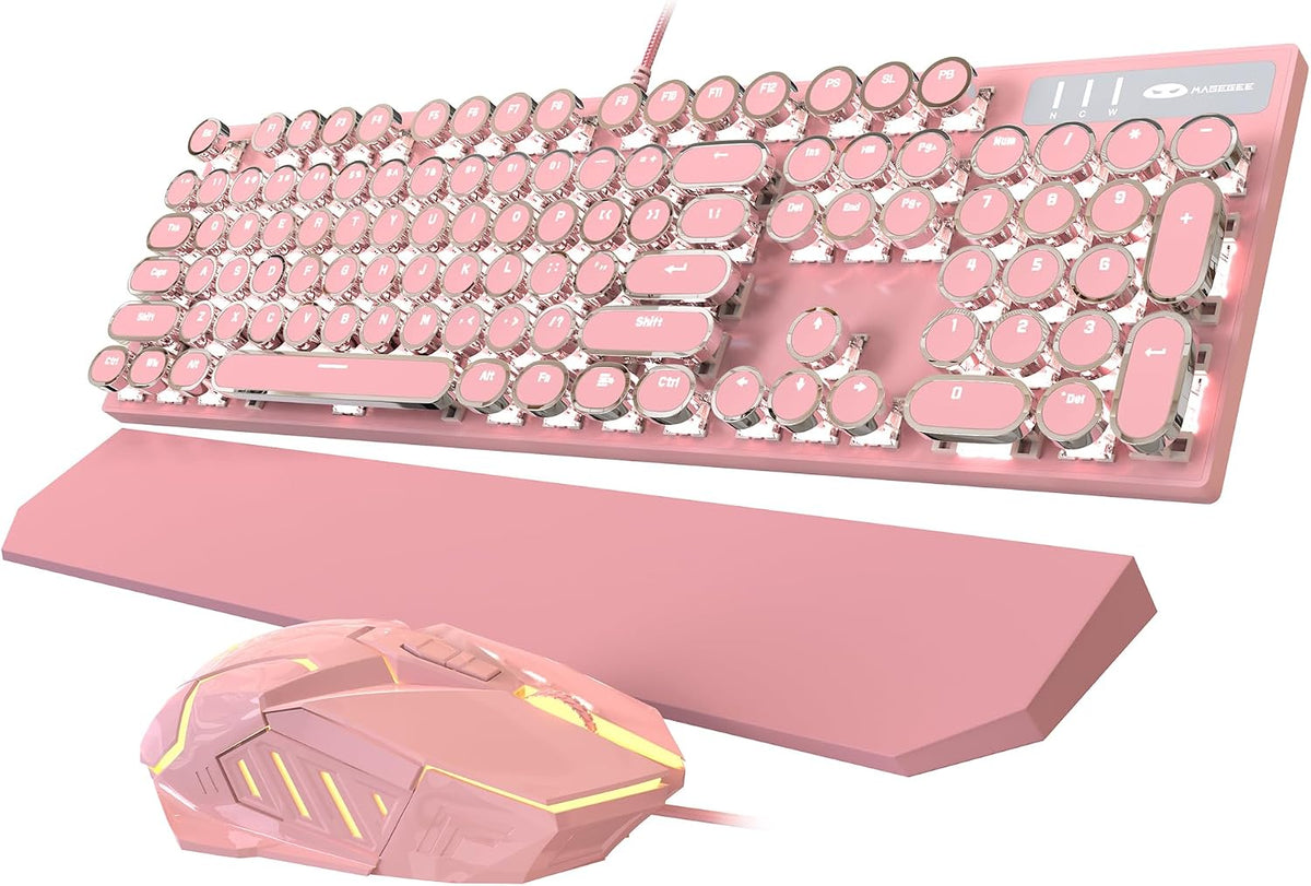 Typewriter Mechanical Gaming Keyboard and Mouse Combo, Retro Punk Round Keyca...
