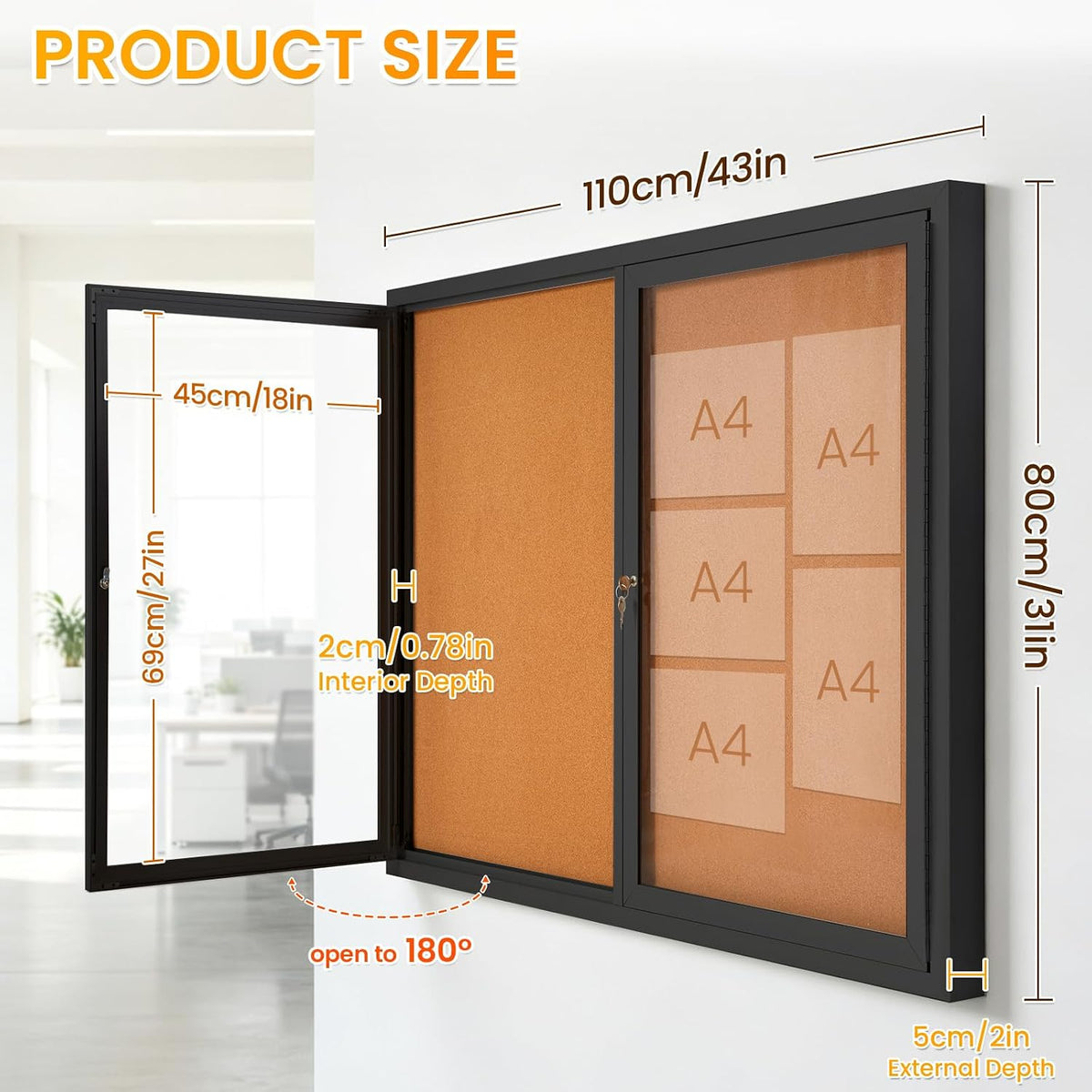 43x31 in Enclosed Bulletin Board Outdoor Cork Board Display Case, Black
