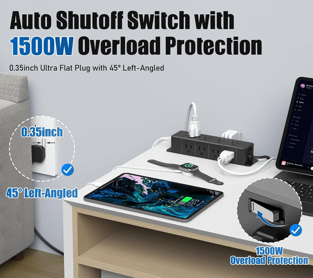 40W Under Desk Power Strip with Switch 12 Outlet 4 USB 1200J 10FT Black
