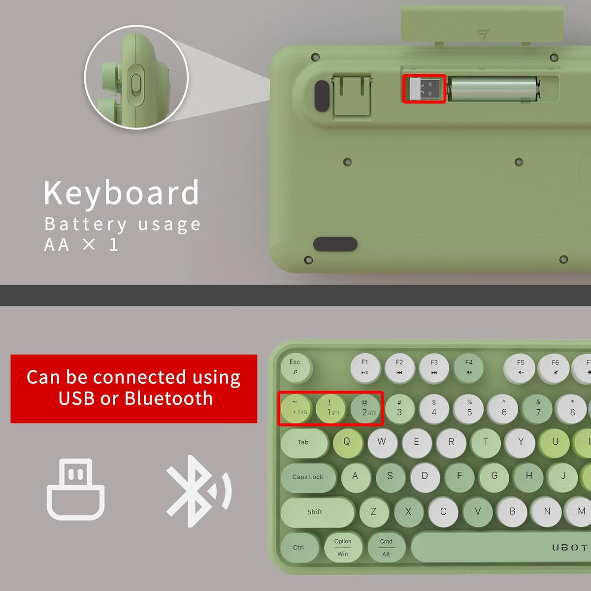 UBOTIE Colorful Wireless Bluetooth Keyboard, Dual Mode (Green Colorful)