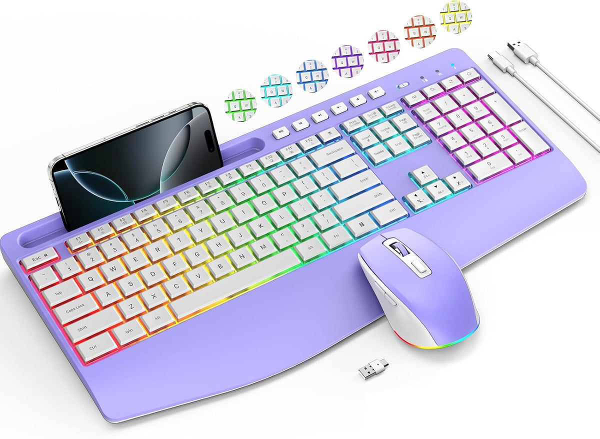 Wireless Keyboard and Mouse Combo- VEILZOR 2.4G Rechargeable Keyboard with Ph...