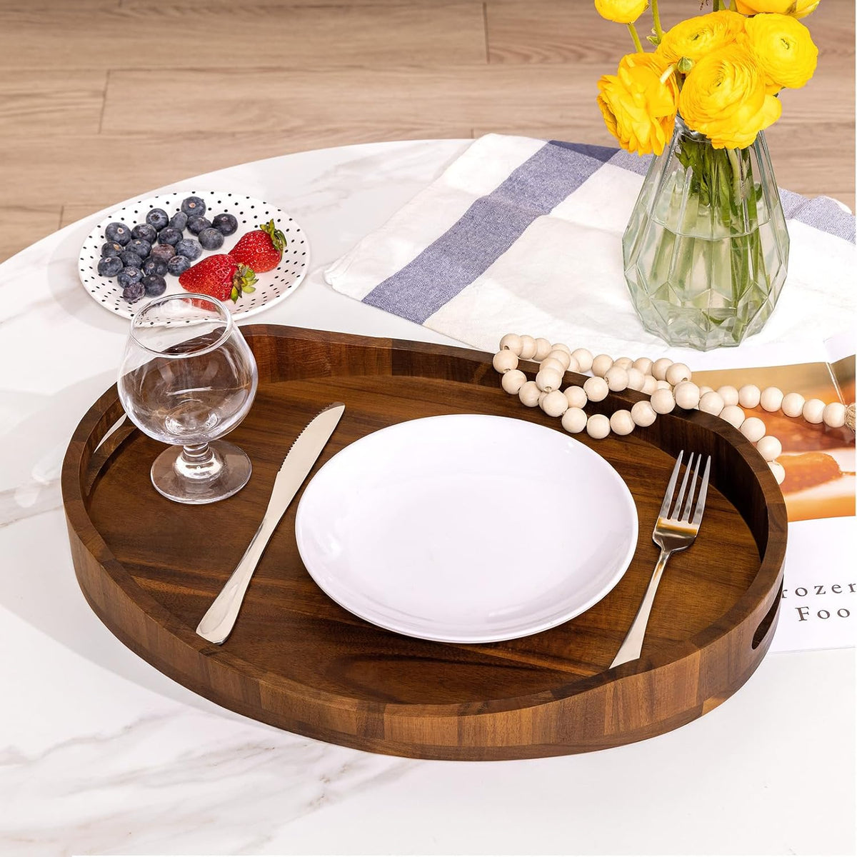 HouseJoy Wood Serving Tray with Handle,Ottoman Tray with High Edge