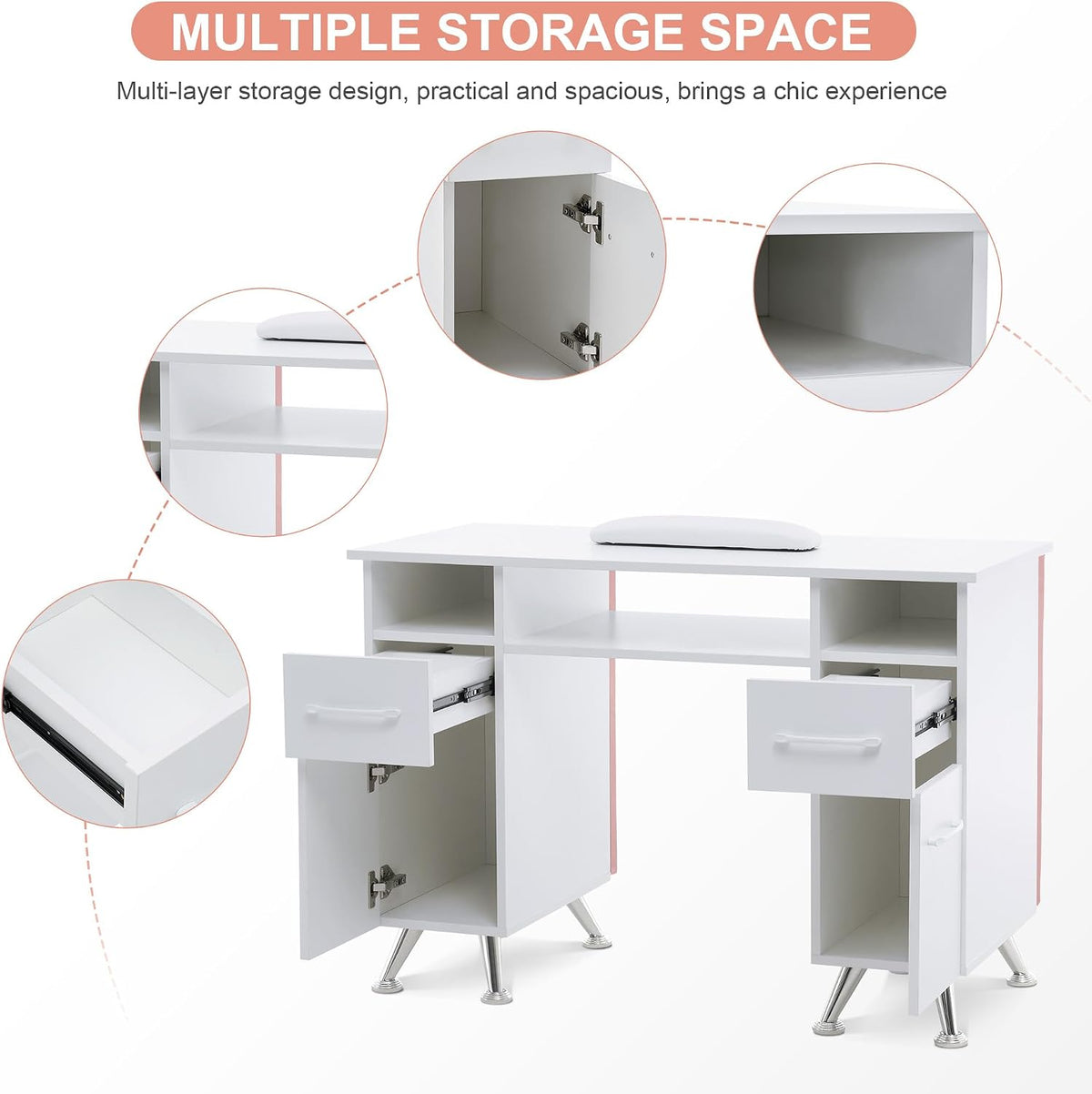 BarberPub Storage Nail Desk with Leather Padded Walls, Wrist Rest 2671