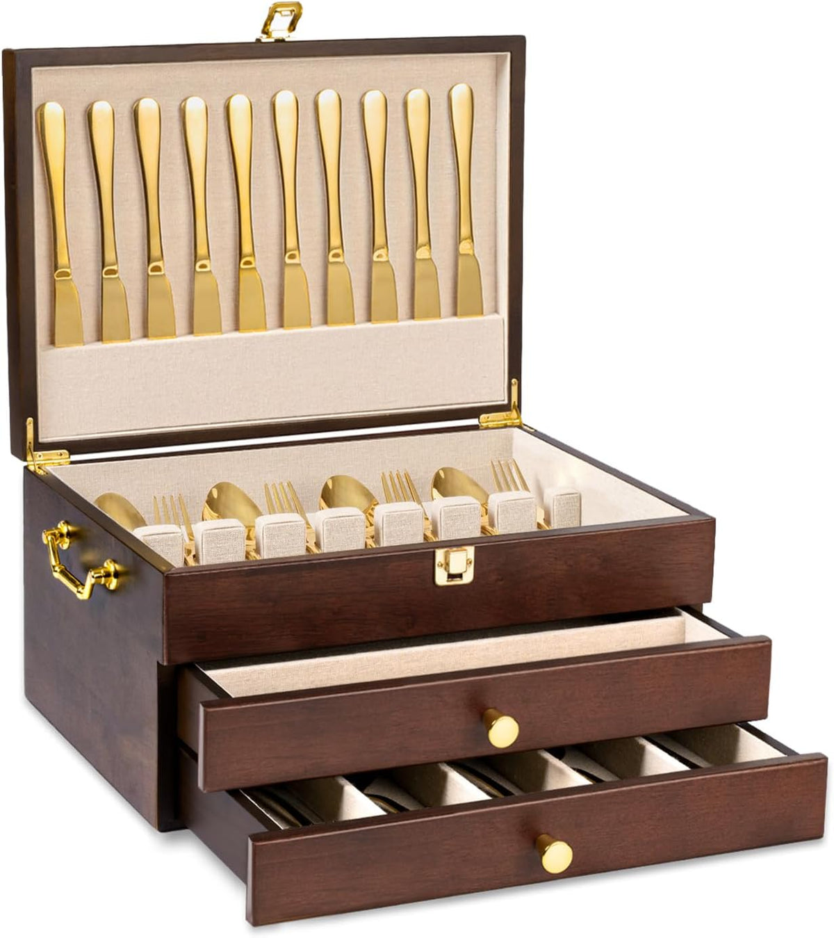Silverware Storage Box, 3-Layer Flatware Storage Case with Drawer, Wooden Sil...