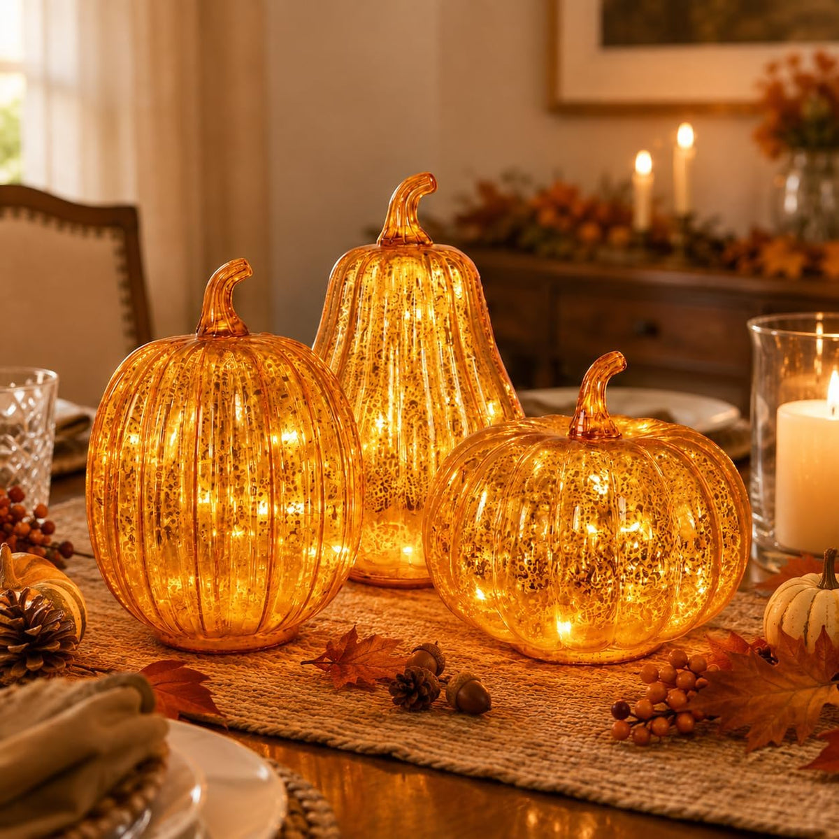 MUMTOP Mercury Glass Pumpkins Light 3PCS Halloween Fall Pumpkin Decor