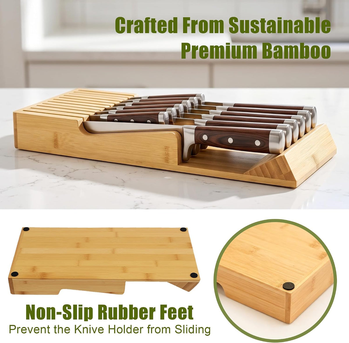 Bamboo Kitchen Drawer Knife Block, In drawer Knife Holder, Knife Drawer Organ...