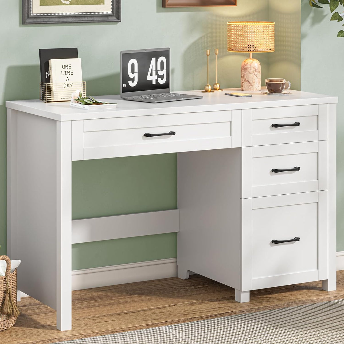 Farmhouse 47" Executive Desk, Computer Desk with File Drawer, Cream White