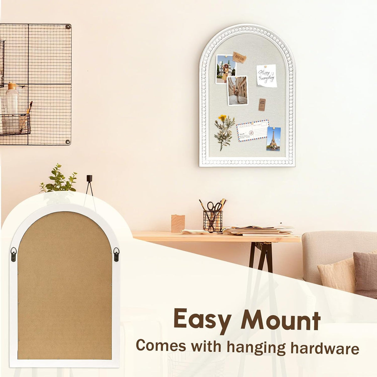 16" x 24" Linen Bulletin Board, Arched White Wood Frame with Beaded...