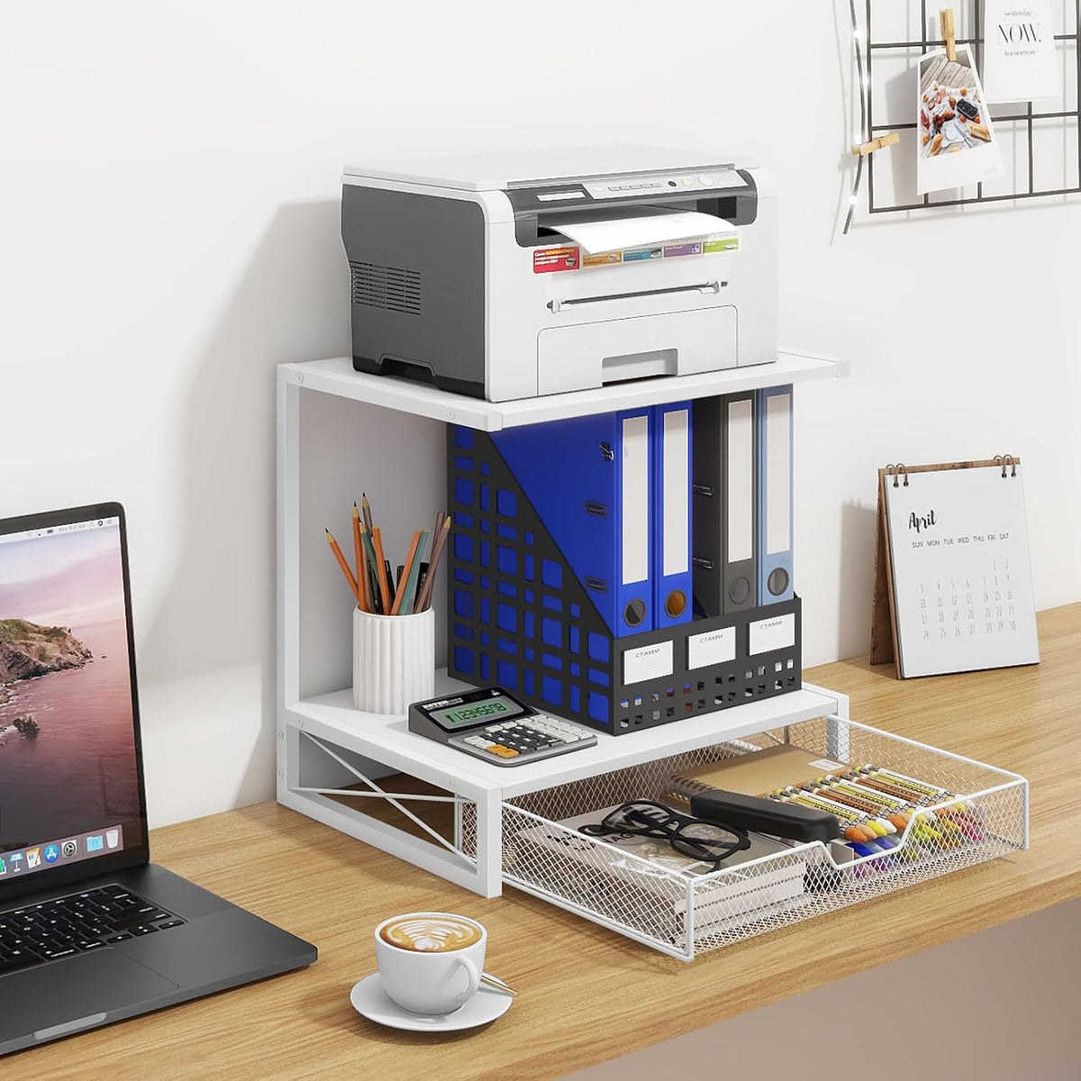 ELITEROO Printer Stand for Desk with Storage Drawer, 2 Tier Desk Shelf
