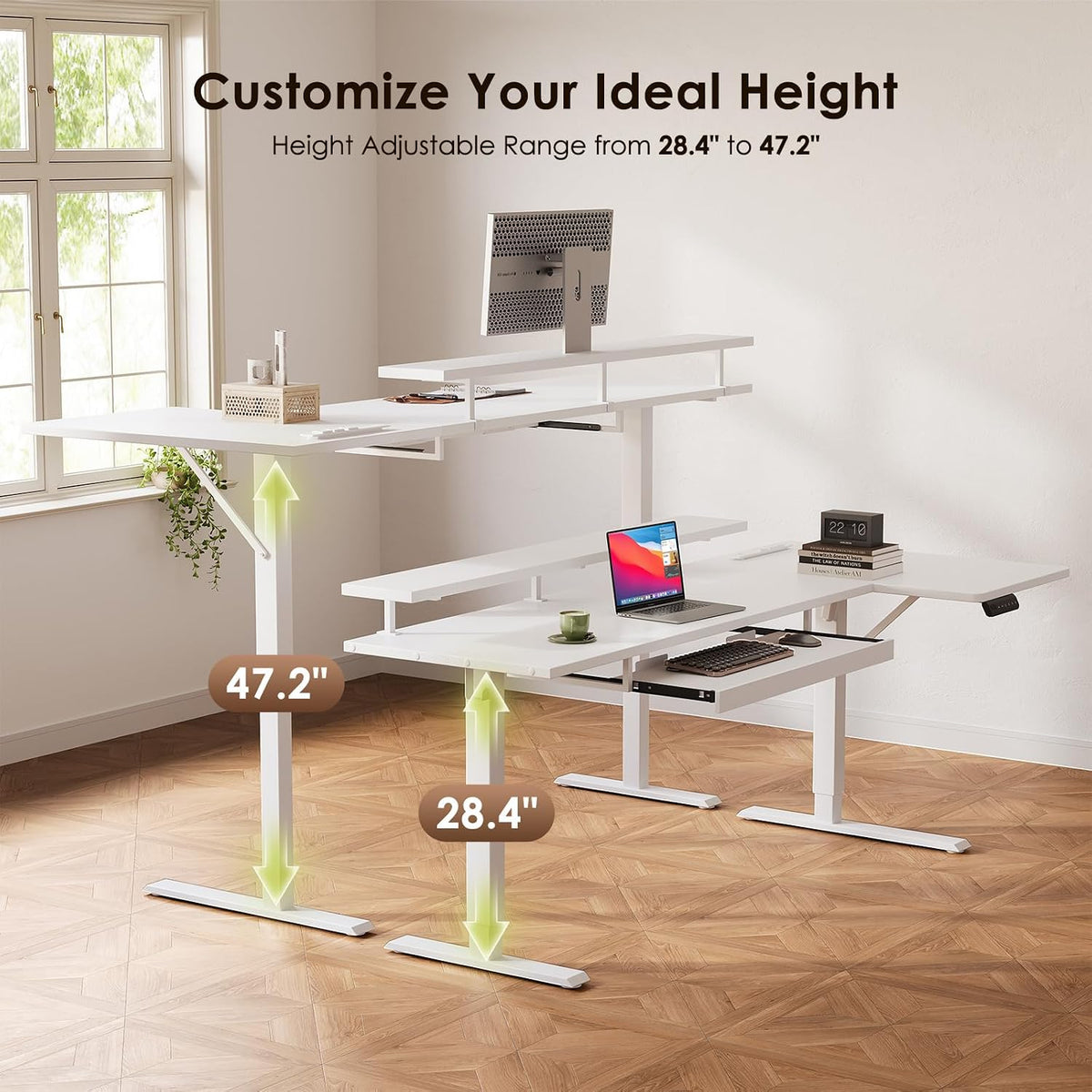 OffiGo 63 Inch Reversible L Shaped Electric Standing Desk, White