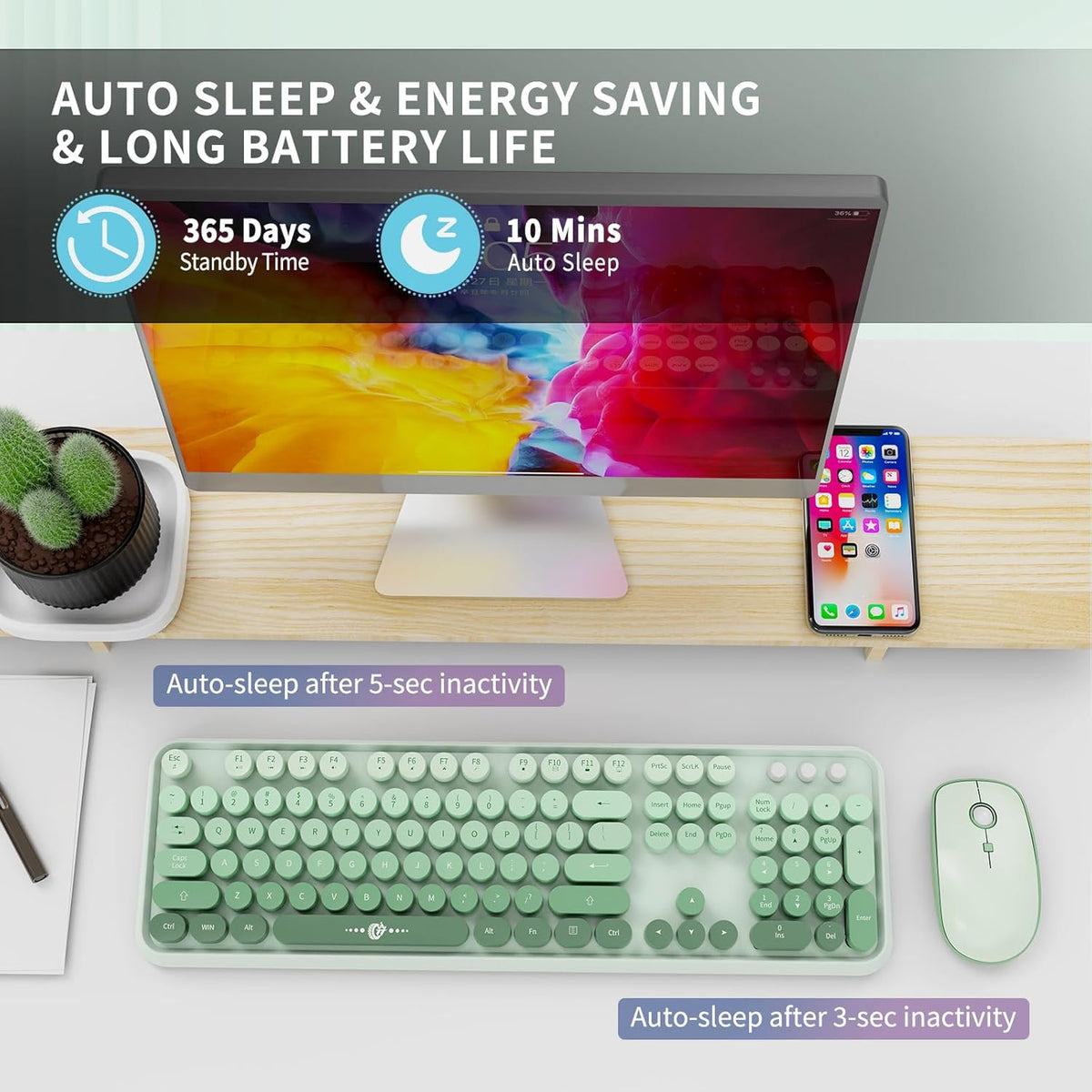 Sage Green Wireless Keyboard and Mouse Combo,Cute Round Keys,for PC Laptop
