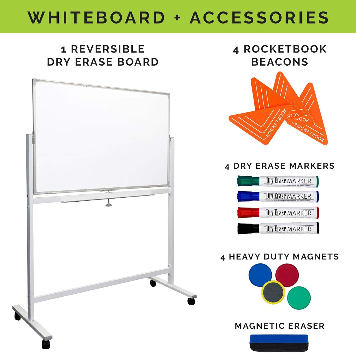 Excello Global Products Reversible Whiteboard on Wheels - 48"x32" w...