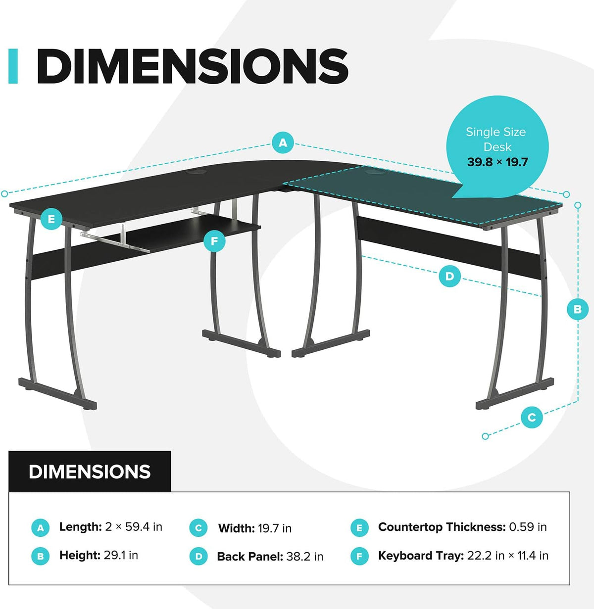 RIF6 L-Shaped Modern Gaming Desk, Keyboard Tray & Cable Management, Black