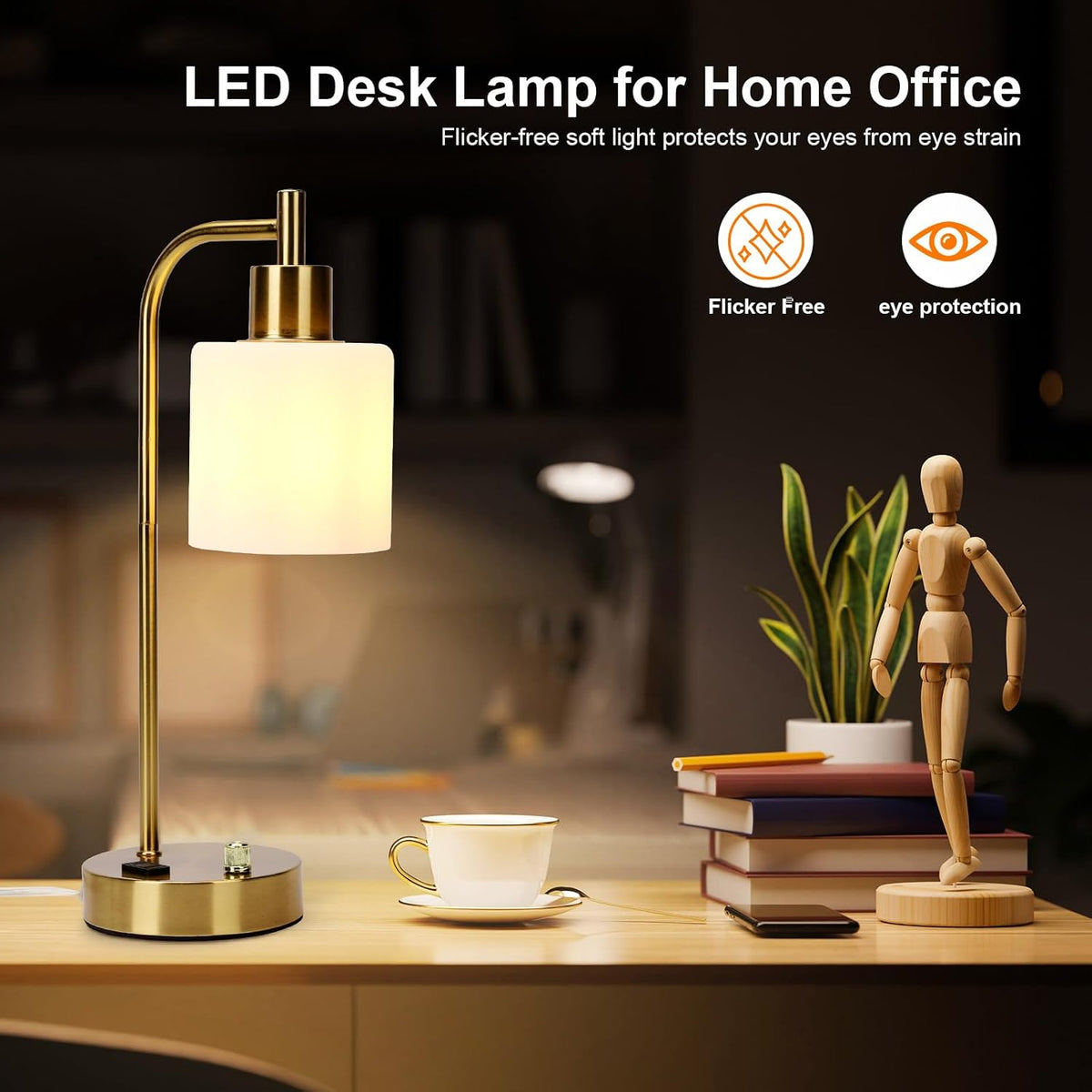 Industrial Table Lamp, Stepless Dimmable Gold Desk Lamp with 2 USB Ports and ...