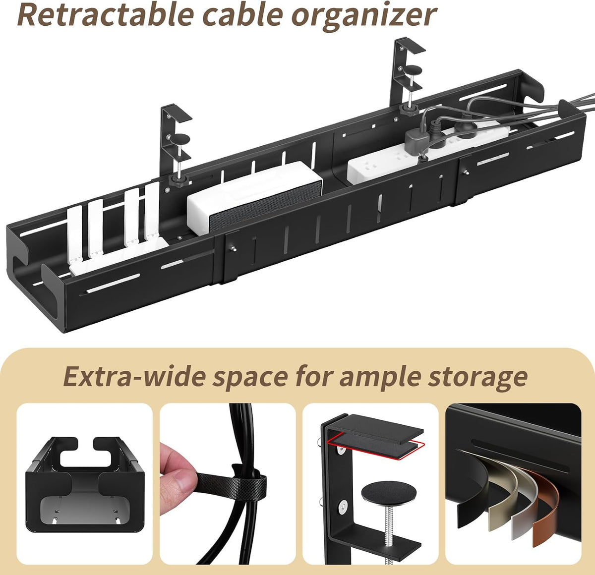 Under Desk Cable Management Tray,Expandable 25.2" – 38.6",Black