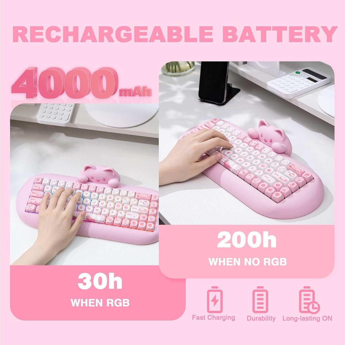 YUNZII C68 Silicone Cute Cat Mechanical Keyboard (Pink, Cocoa Cream Switch)