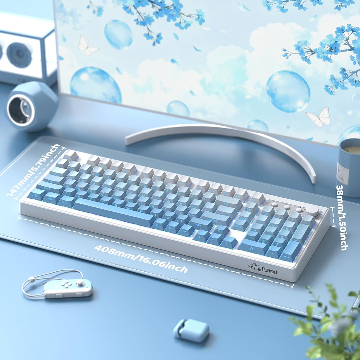 FREEWOLF K100 99 Keys Gaming Membrane Wireless Keyboard with Media Knob,Tri-M...