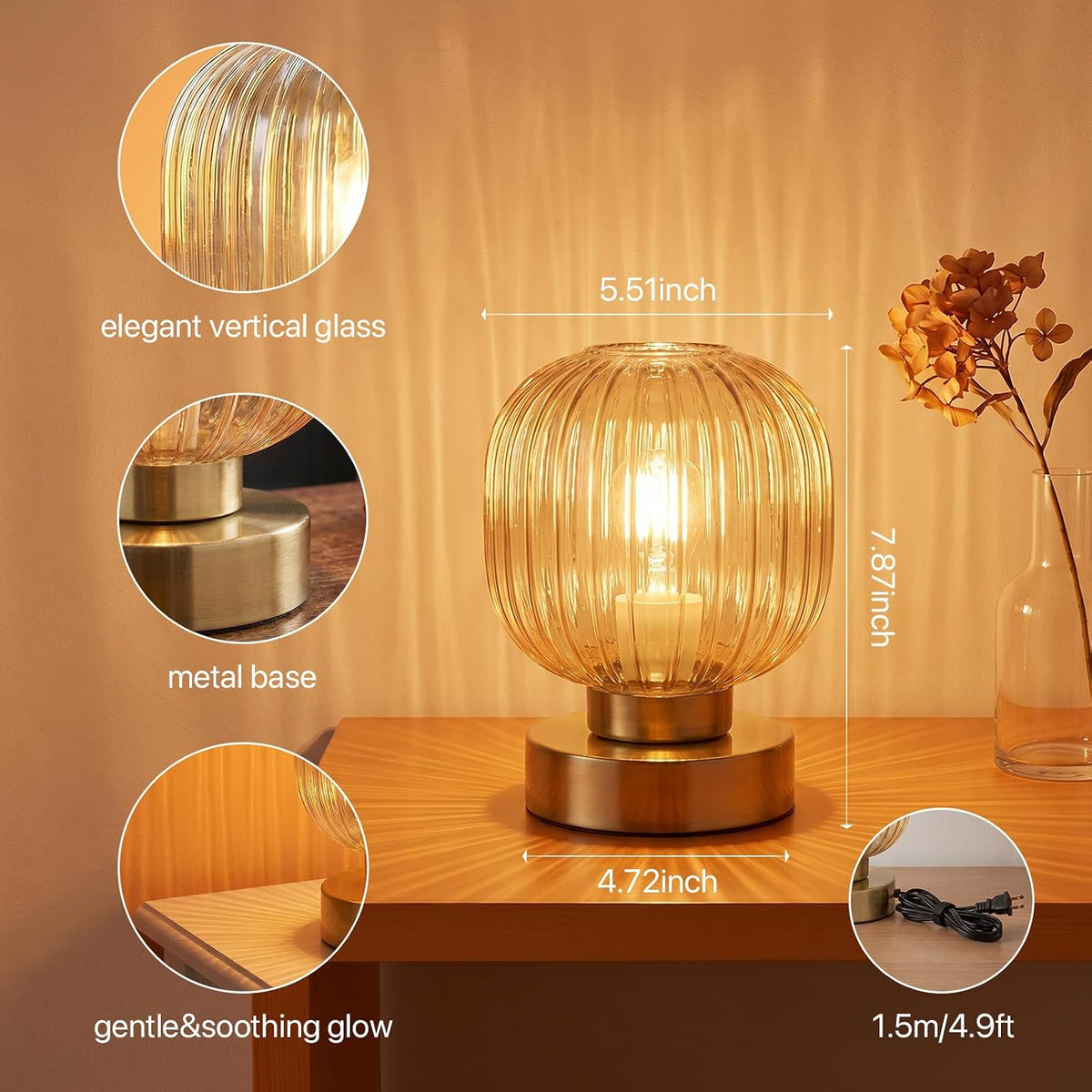 Elenhome Amber Touch Glass Table Lamp, 3-Way Dimmable Bedside Lamp, Vintage M...