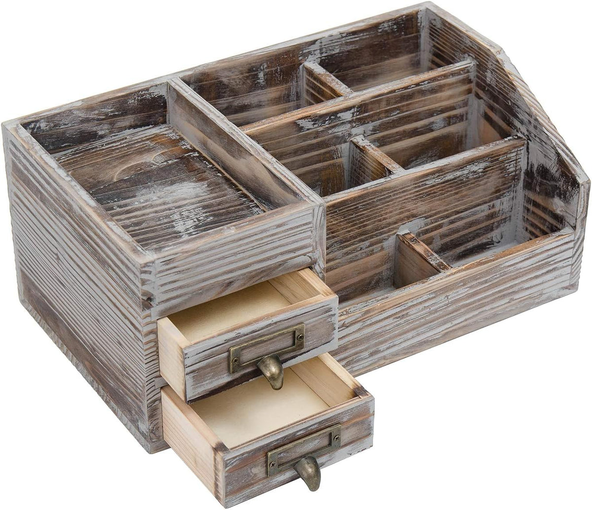 Liry Products Rustic Torched Wooden Desktop Organizer Dark Brown Tabletop Sto...