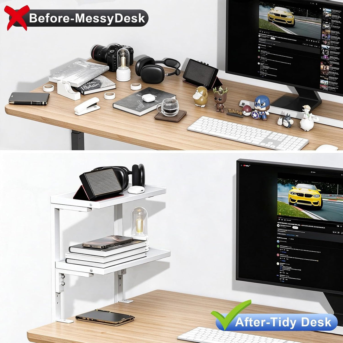 Spacrea 2 Tier Clamp on Desk Shelf (White)