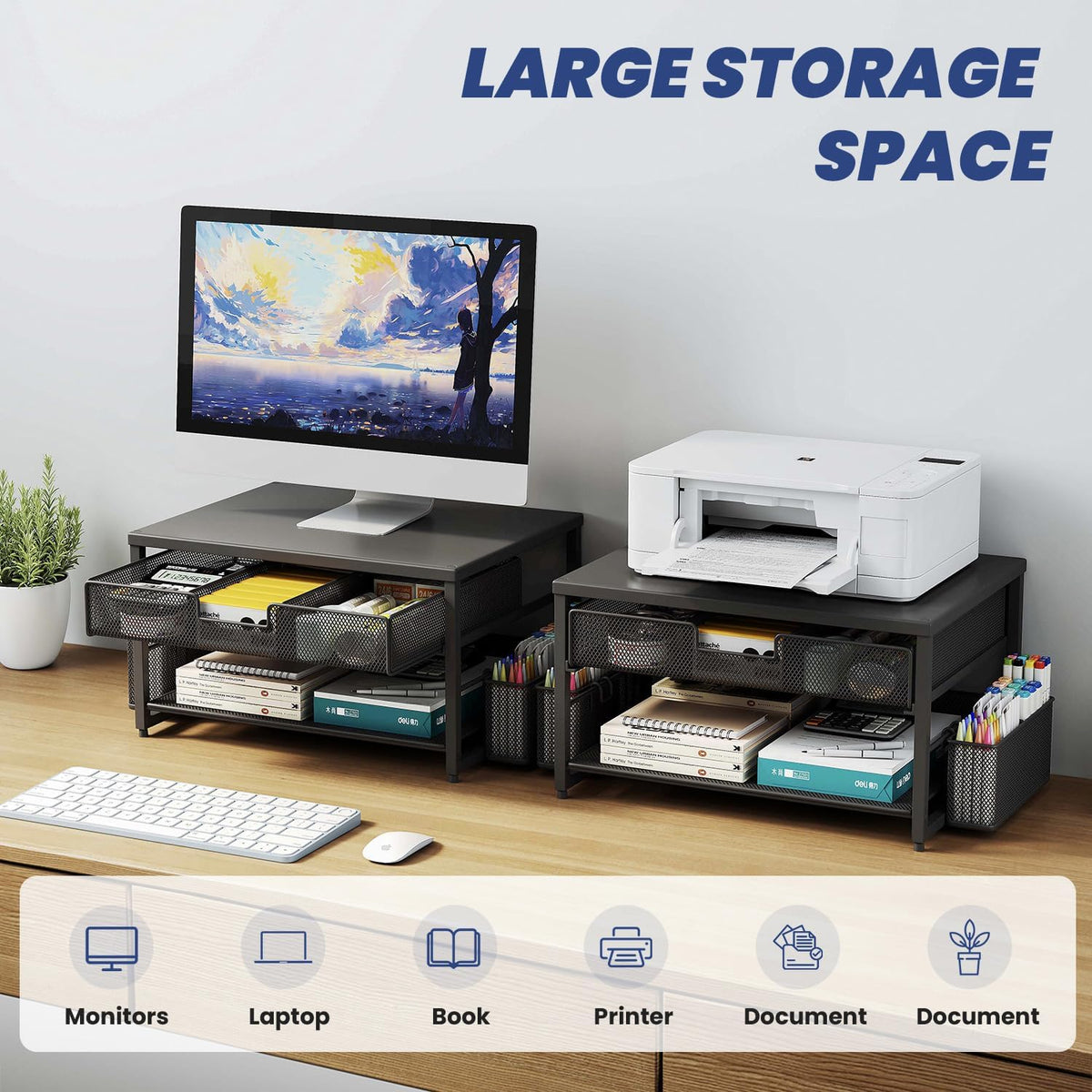 Metal Desktop Printer Stand with Storage Drawer & 2 Pen Holders,2 Tier Ho...