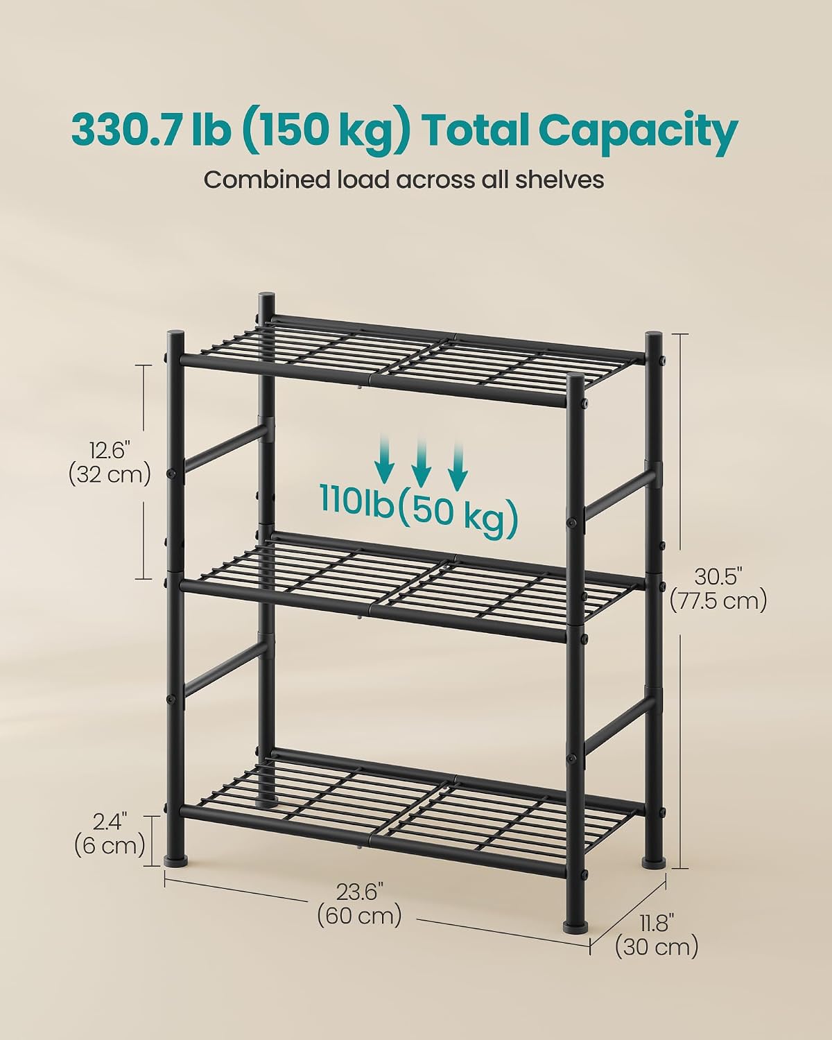 SONGMICS 3-Tier Storage Shelf, Steel Wire Organizer Rack