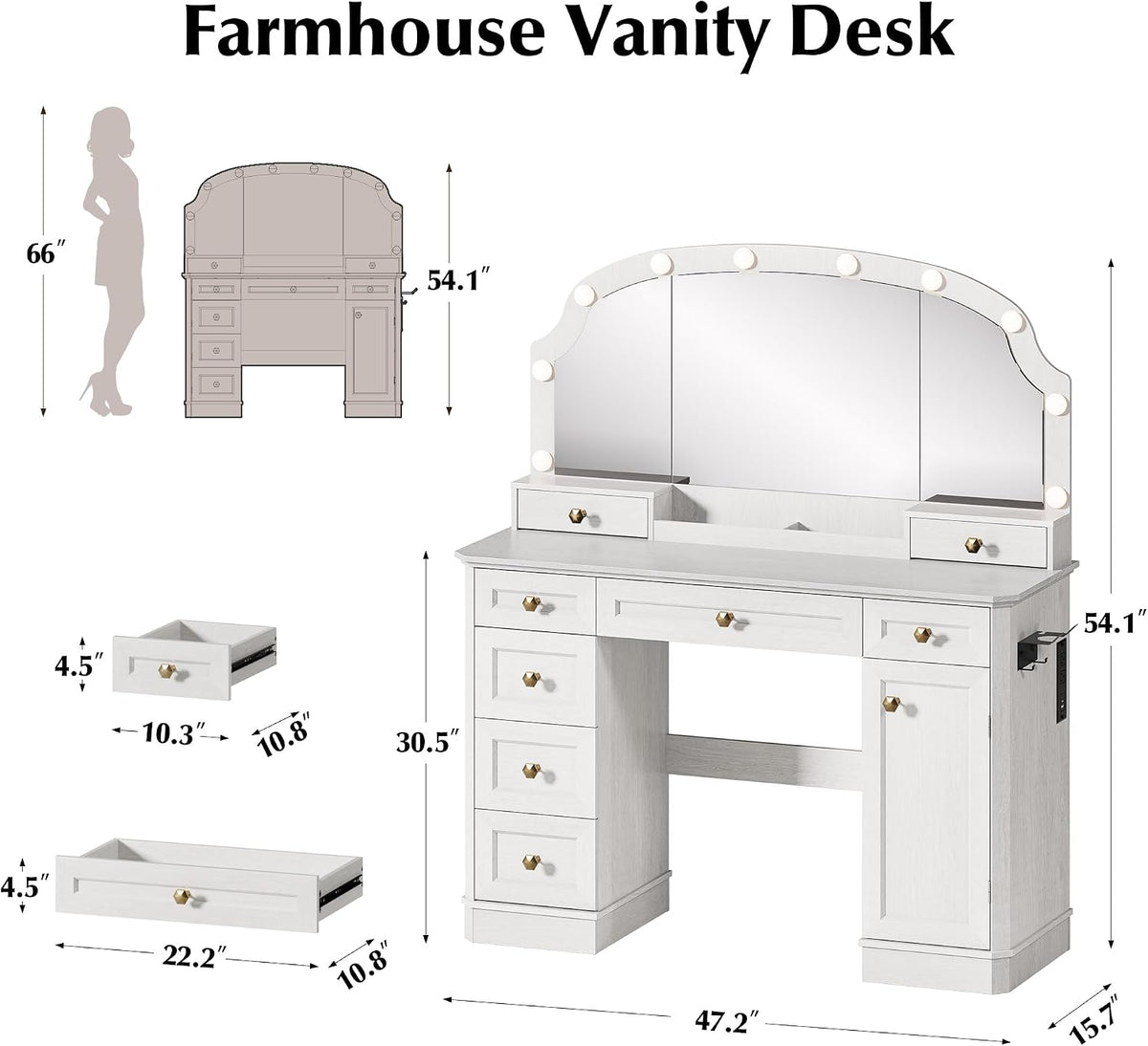 Farmhouse Makeup Vanity Desk with Mirror and Lights, 47'' Vanity Tabl...