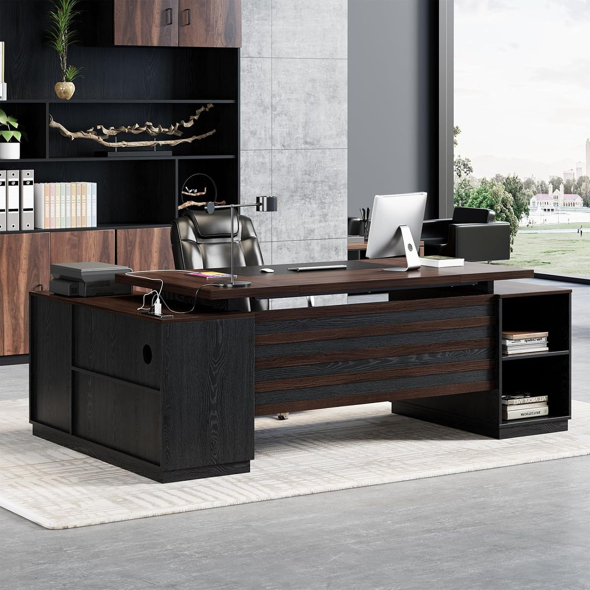 Epecoya 78-Inch Executive L Shape Desk with Storage, Dark Brown Black