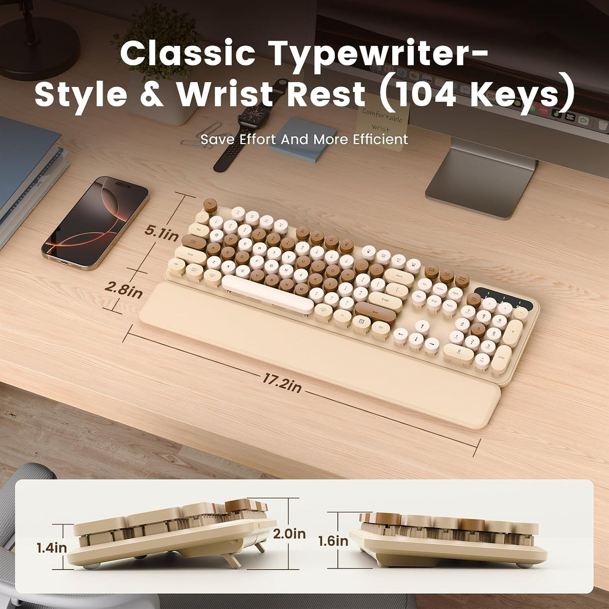 Wireless Keyboard, Round Keycaps, Retro Typewriter Keyboard with Magnetic Wri...