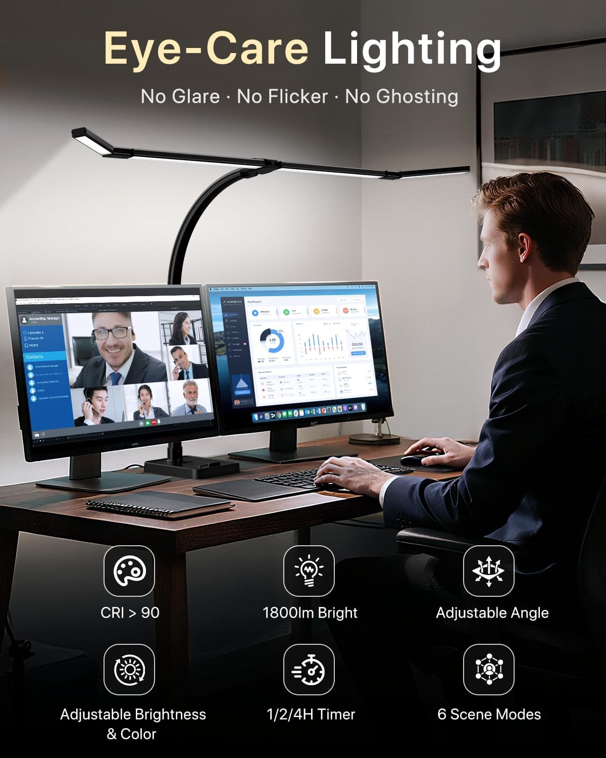 ONEMIX 42" Desk Lamp for Home Office with Base, 1800LM 4-Panel LED Light