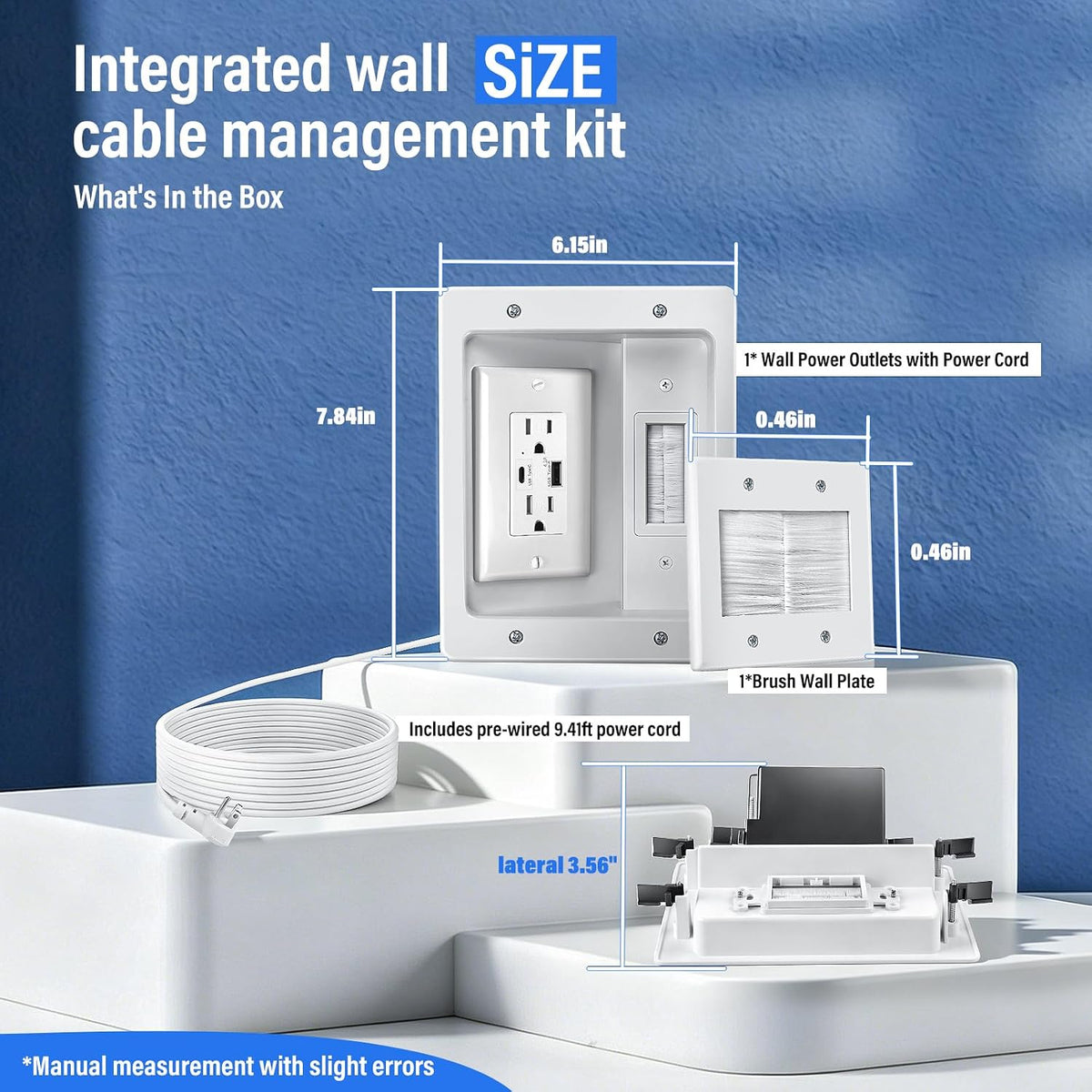 in-Wall Cable Management Kit, AC + USB-A + USB-C Outlet, 9 ft Cord