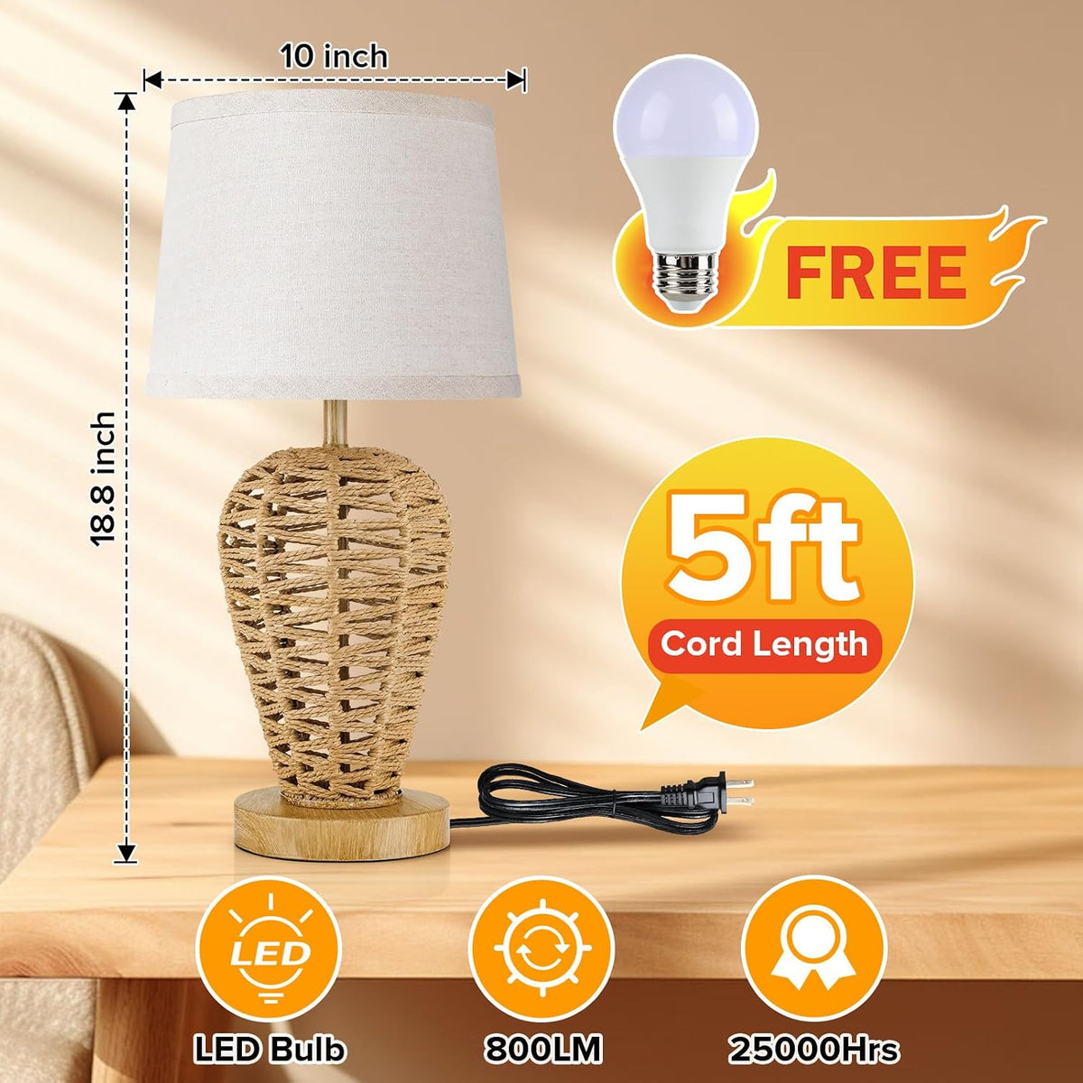 19" Boho Table Lamp with 100% Hand Woven Rattan Body & Wood Grain Fi...