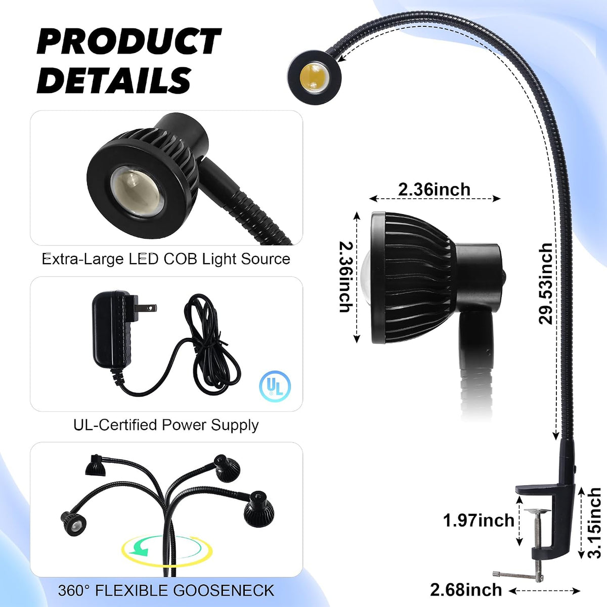 Hersi 5W 30" Long Swing Arm Architect Desk Lamp LED Task Light with Clamp