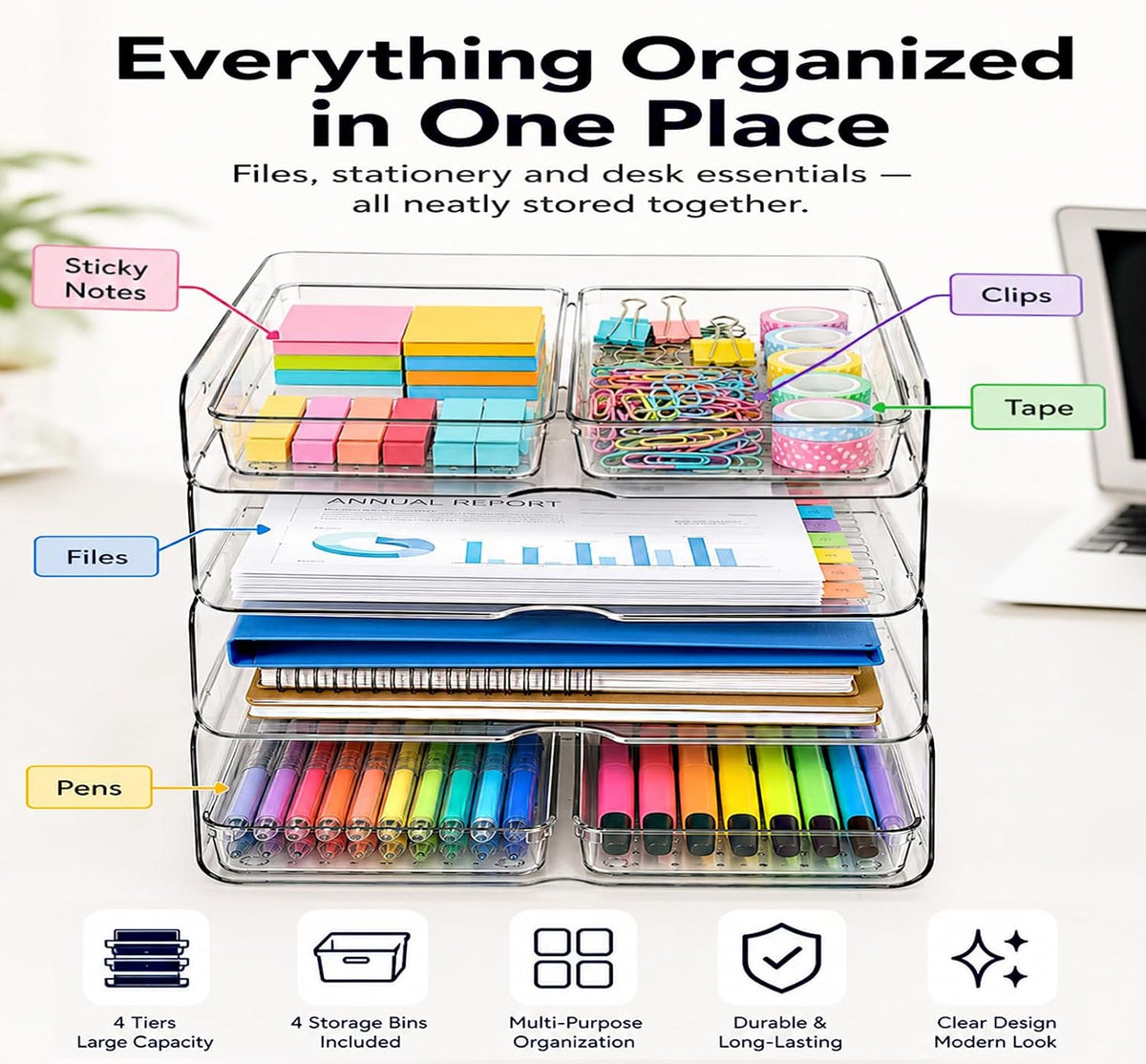 DCA 4 Tier Desk Organizer, Clear Paper Tray with 4 Storage Bins