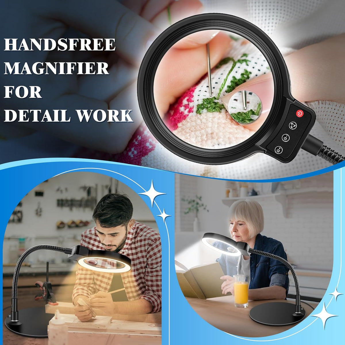 10X 30X Magnifying Glass with Light and Stand, LED Desk Lamp for Close Work