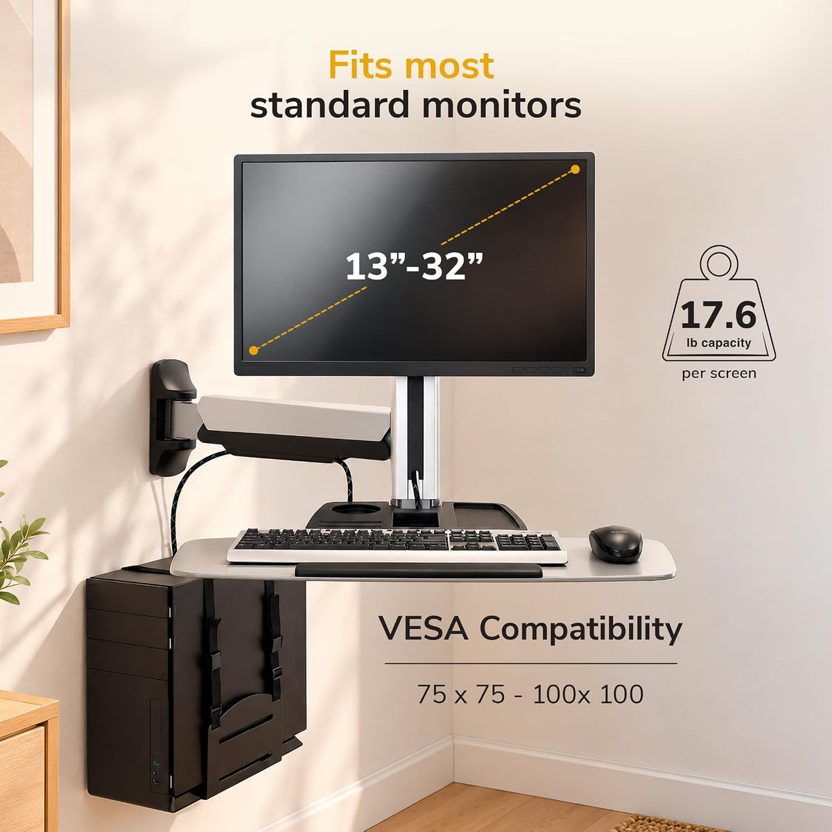 Mount-It! Monitor Wall Mount Arm, Keyboard Tray & CPU Holder, Sit-Stand
