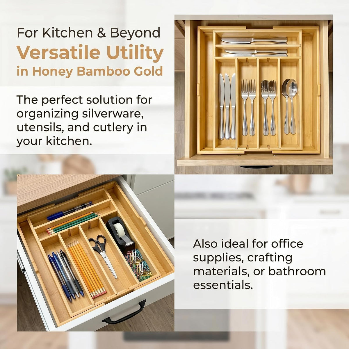 Bamboo Kitchen Silverware Drawer Organizer (DIY Slot, Natural)