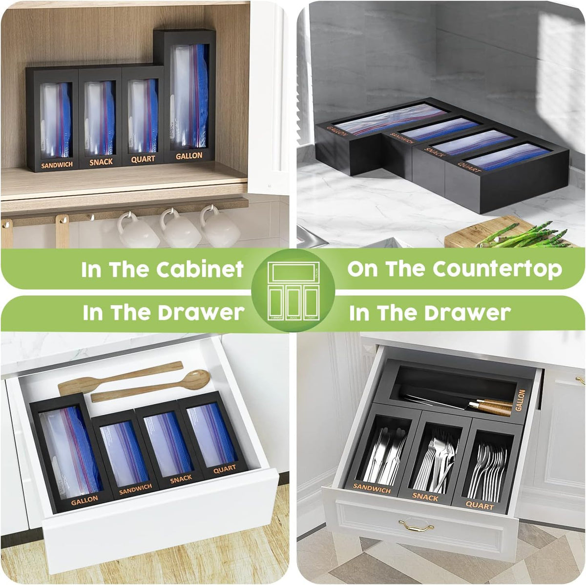 DALSHABET Bamboo Storage Bag Organizer for Kitchen Drawer, 4 Separate Food St...