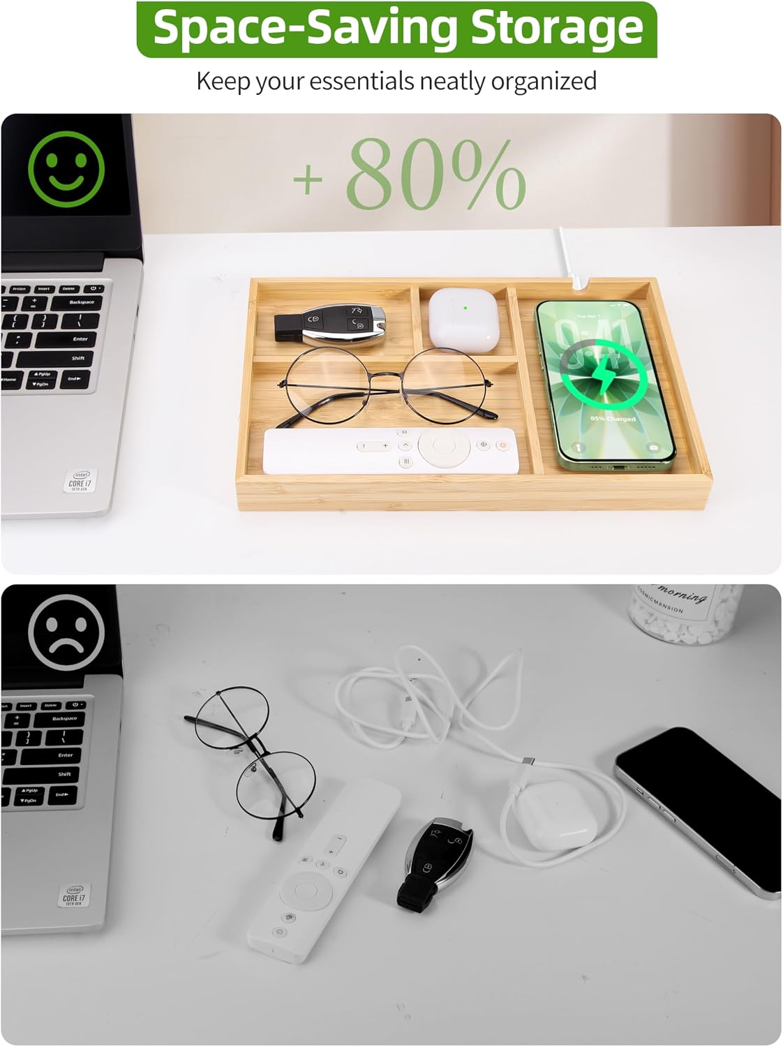 Bamboo Valet Tray with Dual Wireless Charger - EDC Nightstand Organizer for M...