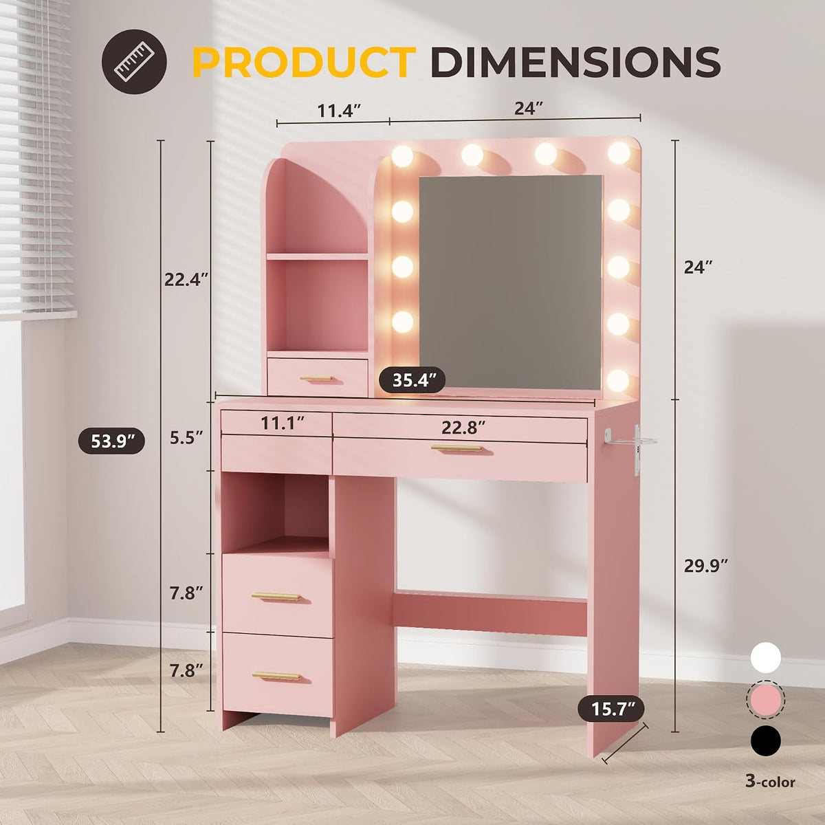 Otterease 35" Makeup Vanity Desk with LED Mirror, 5 Drawers, Pink