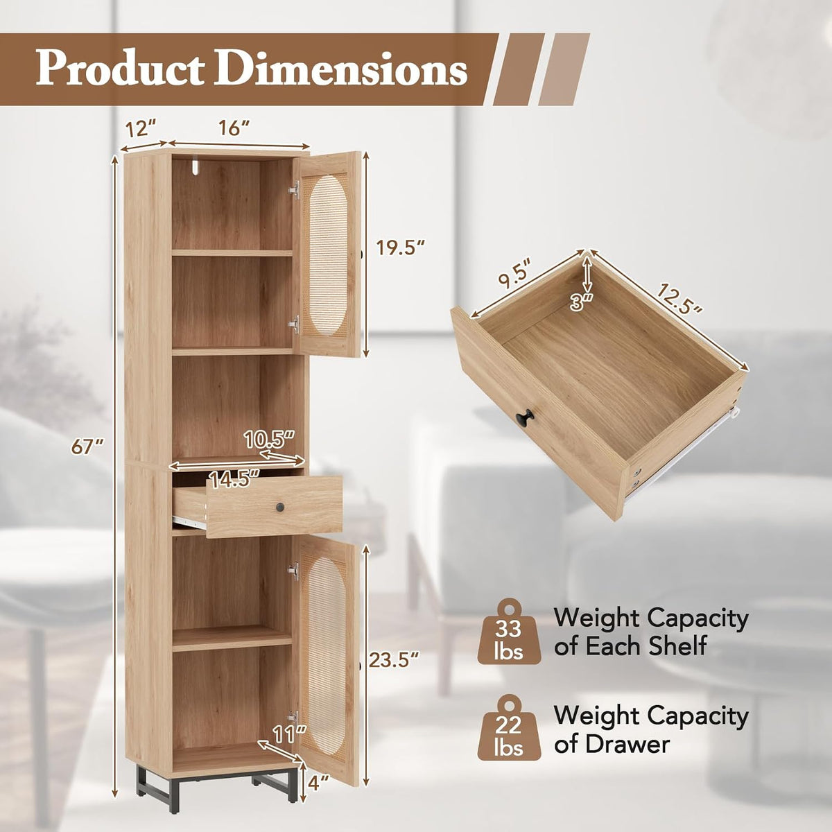GIANTEX 67" Tall Bathroom Cabinet, PE Rattan Storage Cabinet with 2 Door...